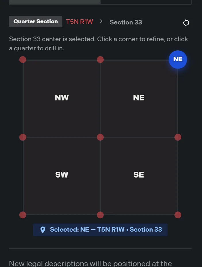 The section grid in the PLSS panel with a quarter selected and the corner targets showing