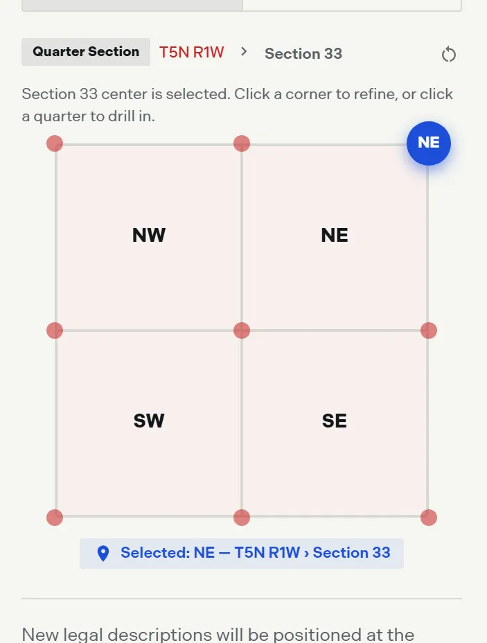 The section grid in the PLSS panel with a quarter selected and the corner targets showing