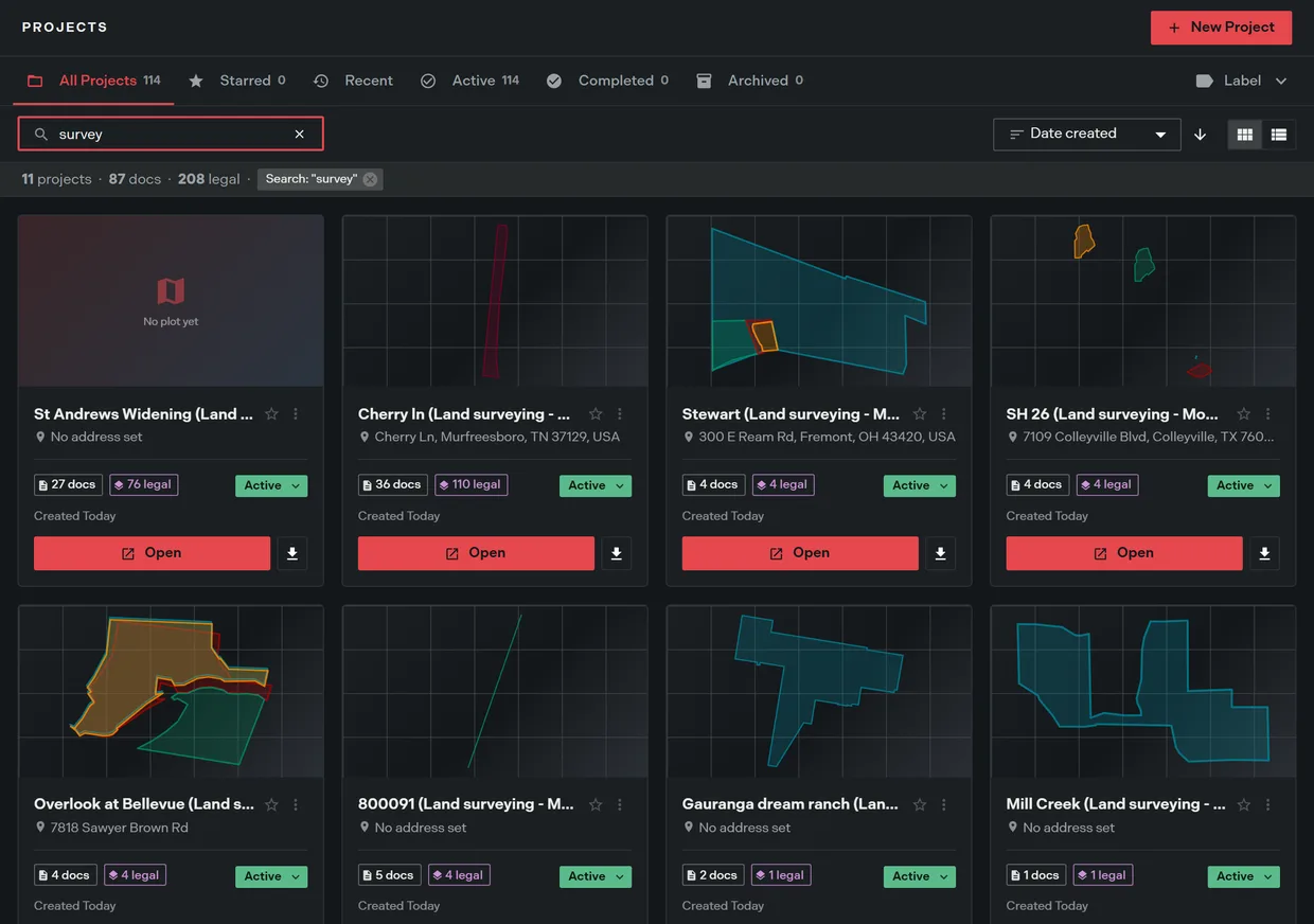 The Trace projects list with the scope tabs and their counts, an active search, the results total bar, and project cards showing plot previews, document and legal description counts, and status pills
