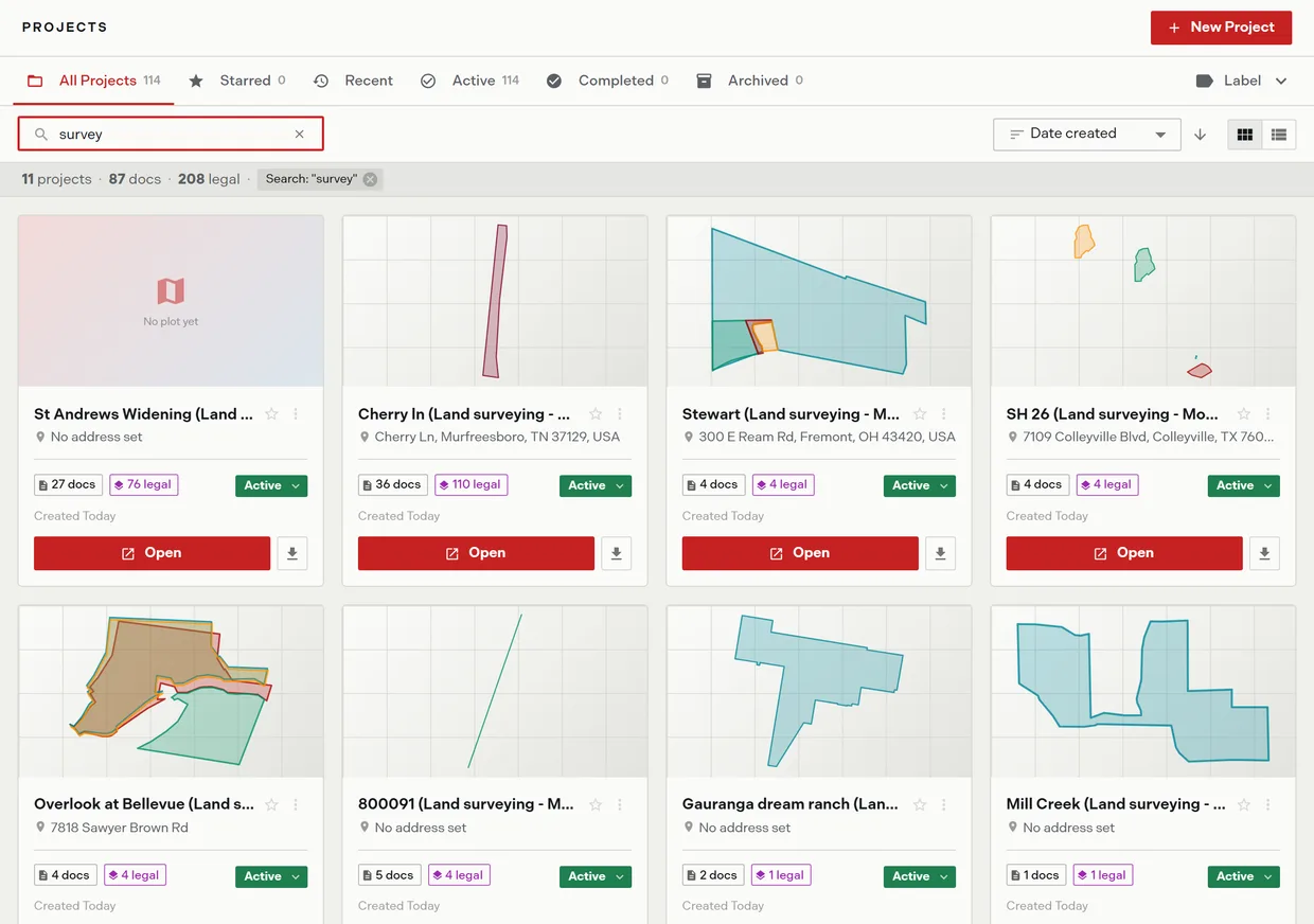 The Trace projects list with the scope tabs and their counts, an active search, the results total bar, and project cards showing plot previews, document and legal description counts, and status pills