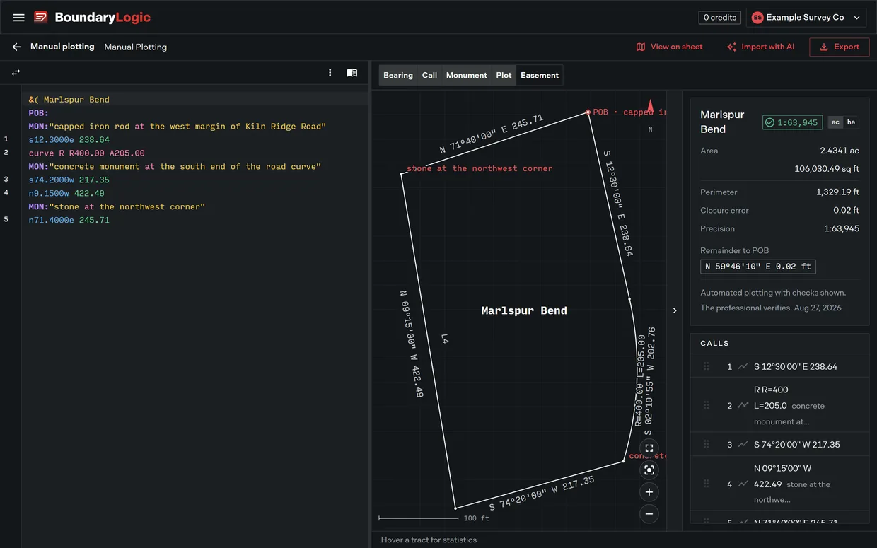 The manual plotting workspace: typed calls in the editor on the left, the plotted tract on the plot sheet in the middle, and the tract card on the right showing area, perimeter, closure error, precision and remainder to the point of beginning.