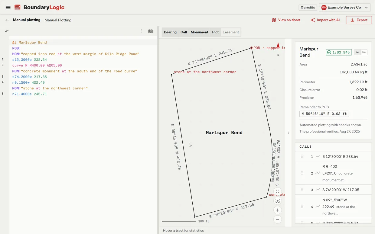 The manual plotting workspace: typed calls in the editor on the left, the plotted tract on the plot sheet in the middle, and the tract card on the right showing area, perimeter, closure error, precision and remainder to the point of beginning.
