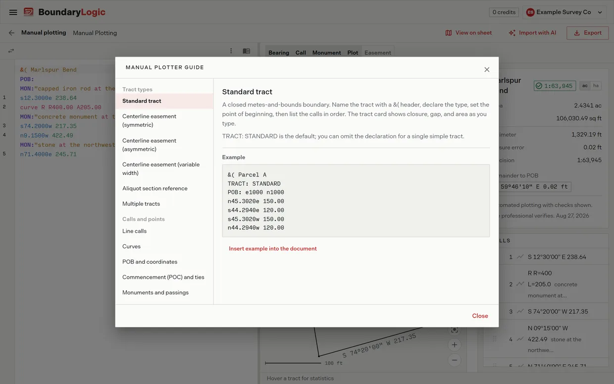 The manual plotter guide dialog listing tract types and call forms, with the standard tract page open and a worked example that can be inserted into the document.