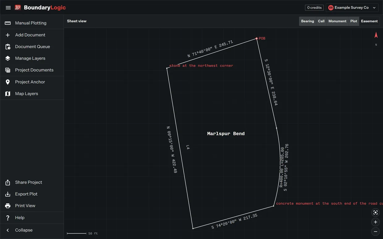 Sheet View showing a plotted tract as a drawing on a grid background