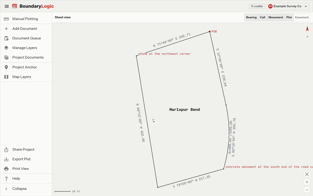 Sheet View showing a plotted tract as a drawing on a grid background