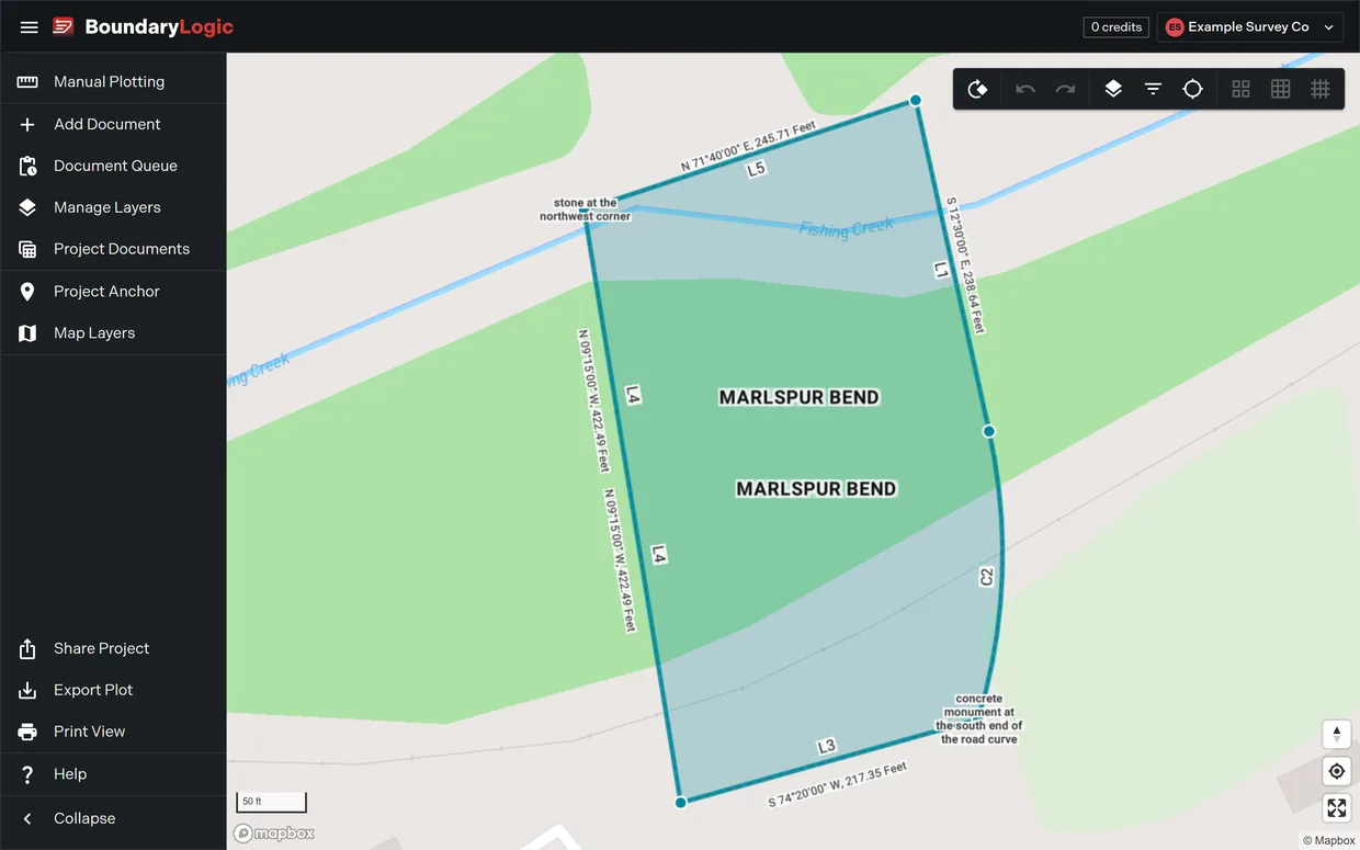 A plotted tract drawn over the streets basemap in the map workspace, with bearing and distance labels on each course, monument notes at two corners, the project rail on the left and the map toolbar at the top right