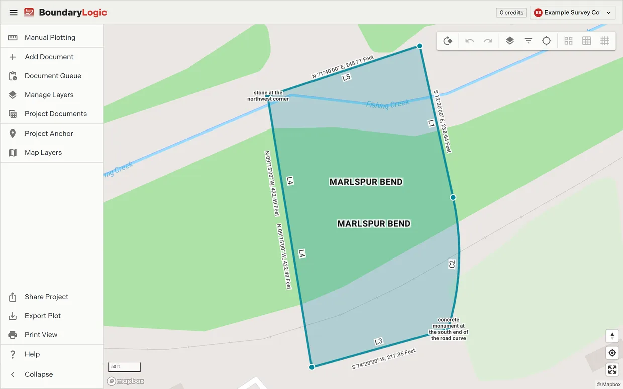 A plotted tract drawn over the streets basemap in the map workspace, with bearing and distance labels on each course, monument notes at two corners, the project rail on the left and the map toolbar at the top right