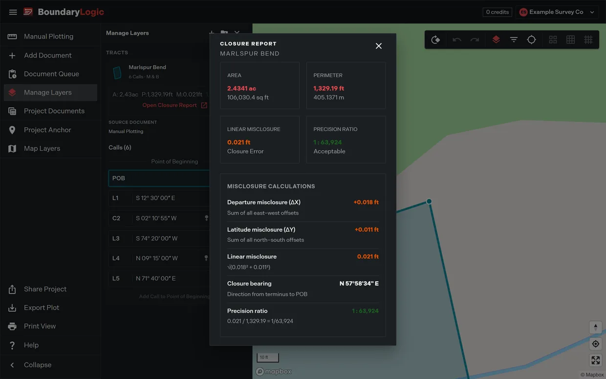 The closure report dialog showing area, perimeter, linear misclosure and precision ratio, followed by the misclosure calculations block with departure, latitude, closure bearing and the precision arithmetic