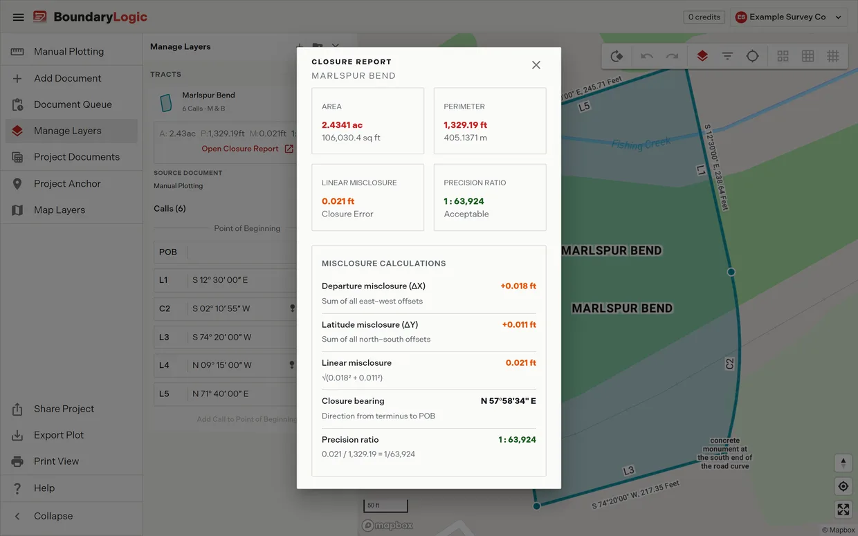 The closure report dialog showing area, perimeter, linear misclosure and precision ratio, followed by the misclosure calculations block with departure, latitude, closure bearing and the precision arithmetic