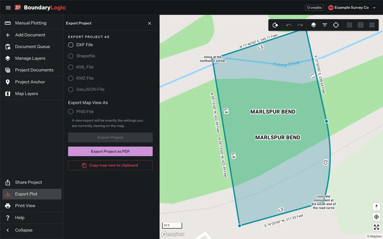 The Export Project pane with the DXF format selectable, the shapefile, KML, KMZ, GeoJSON and PNG options disabled, and the PDF export and copy map view actions available