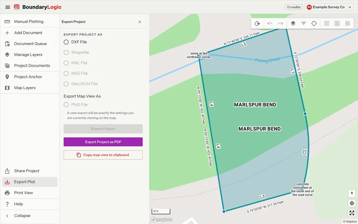 The Export Project pane with the DXF format selectable, the shapefile, KML, KMZ, GeoJSON and PNG options disabled, and the PDF export and copy map view actions available
