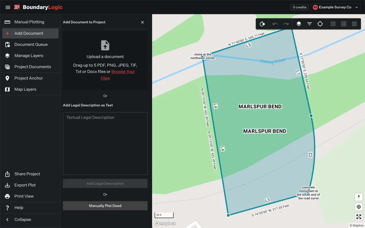The add document pane in a project, showing the file drop zone, the field for pasting a legal description as text, and the route into manual plotting.