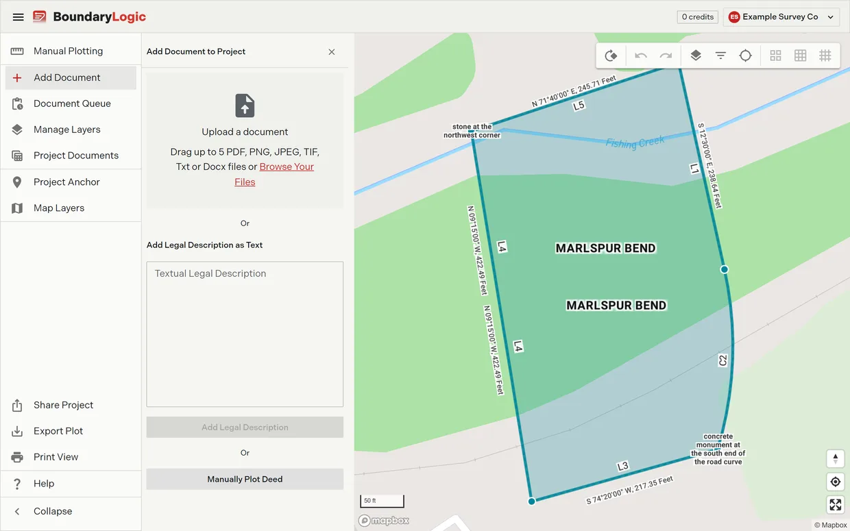 The add document pane in a project, showing the file drop zone, the field for pasting a legal description as text, and the route into manual plotting.