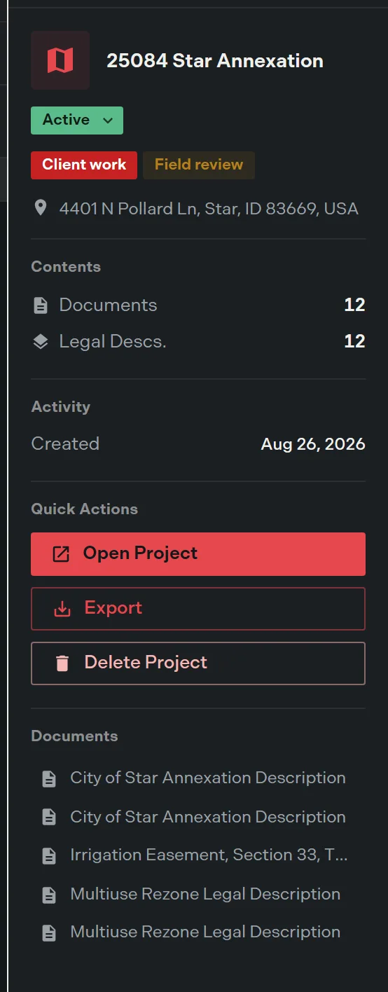 The project details panel open beside the list, showing the status pill, label chips, address, the Contents counts for documents and legal descriptions, the created date, the quick action buttons, and the first documents by name