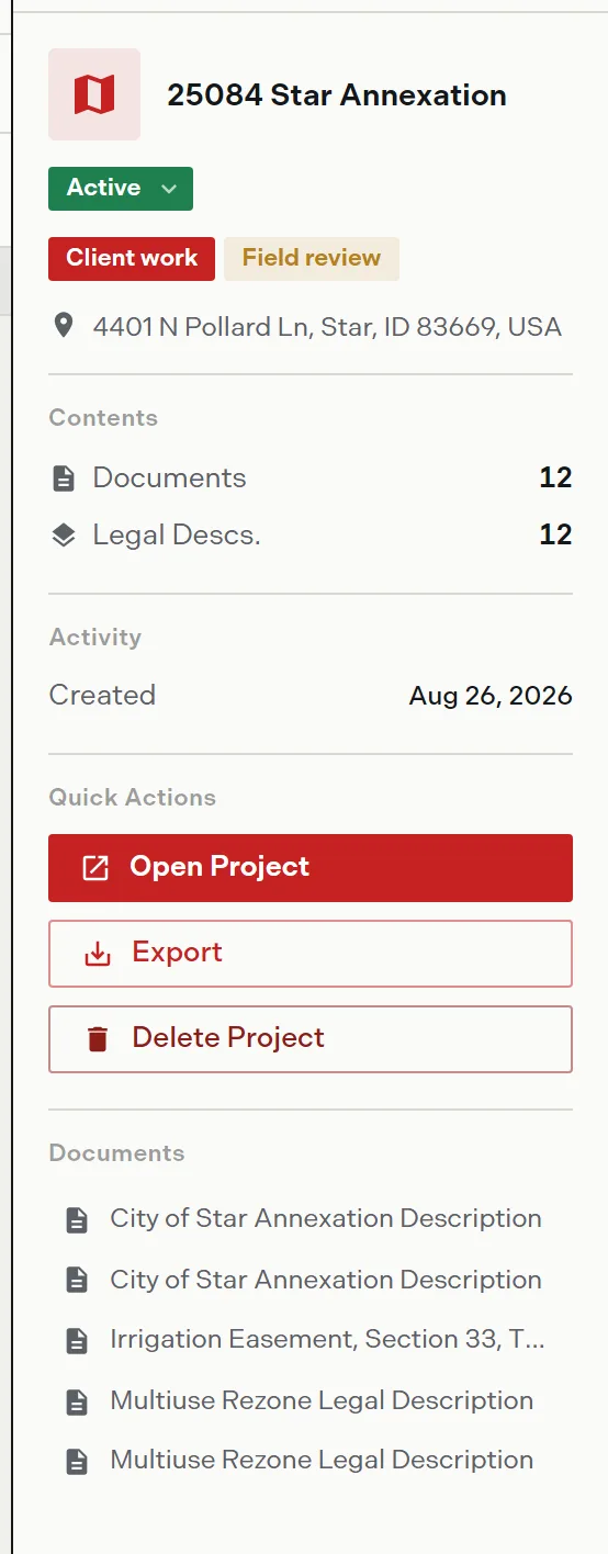 The project details panel open beside the list, showing the status pill, label chips, address, the Contents counts for documents and legal descriptions, the created date, the quick action buttons, and the first documents by name