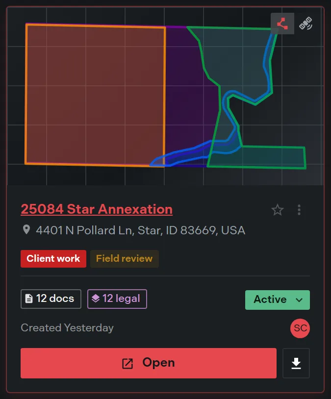 A project card with the pointer on it, showing the plot preview drawing with the two small preview view buttons revealed at its top right, above the project name, label chips, document and legal description chips, status pill, and Open button