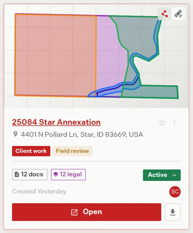 A project card with the pointer on it, showing the plot preview drawing with the two small preview view buttons revealed at its top right, above the project name, label chips, document and legal description chips, status pill, and Open button