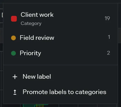 The label filter menu listing categories with a rounded square marker and a Category subtitle, personal labels with a round dot marker, and a project count on each row
