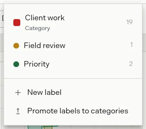 The label filter menu listing categories with a rounded square marker and a Category subtitle, personal labels with a round dot marker, and a project count on each row