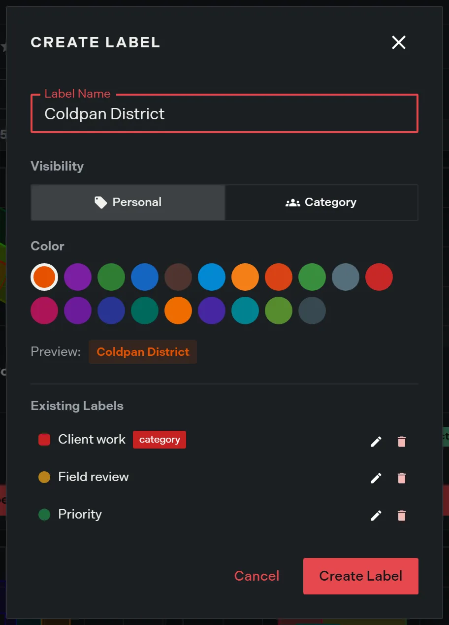 The create label dialog with a name entered, the Visibility toggle offering Personal or Category, the 20 color swatches, a live preview chip, and the existing labels listed underneath with edit and delete icons