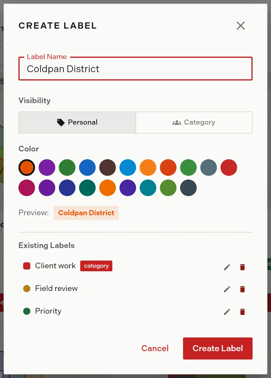 The create label dialog with a name entered, the Visibility toggle offering Personal or Category, the 20 color swatches, a live preview chip, and the existing labels listed underneath with edit and delete icons