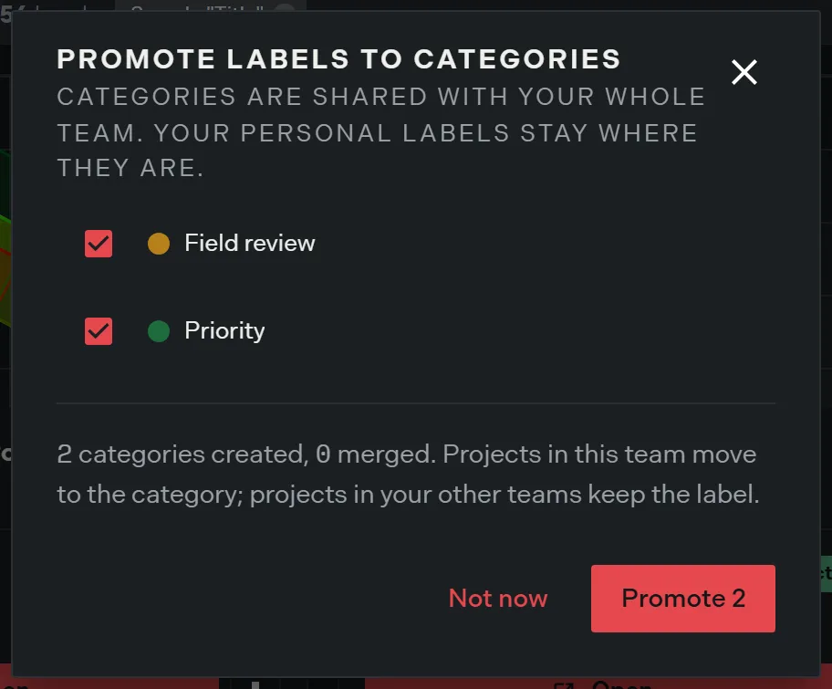 The promote labels to categories dialog with both personal labels preselected and the line predicting how many categories will be created and how many merged