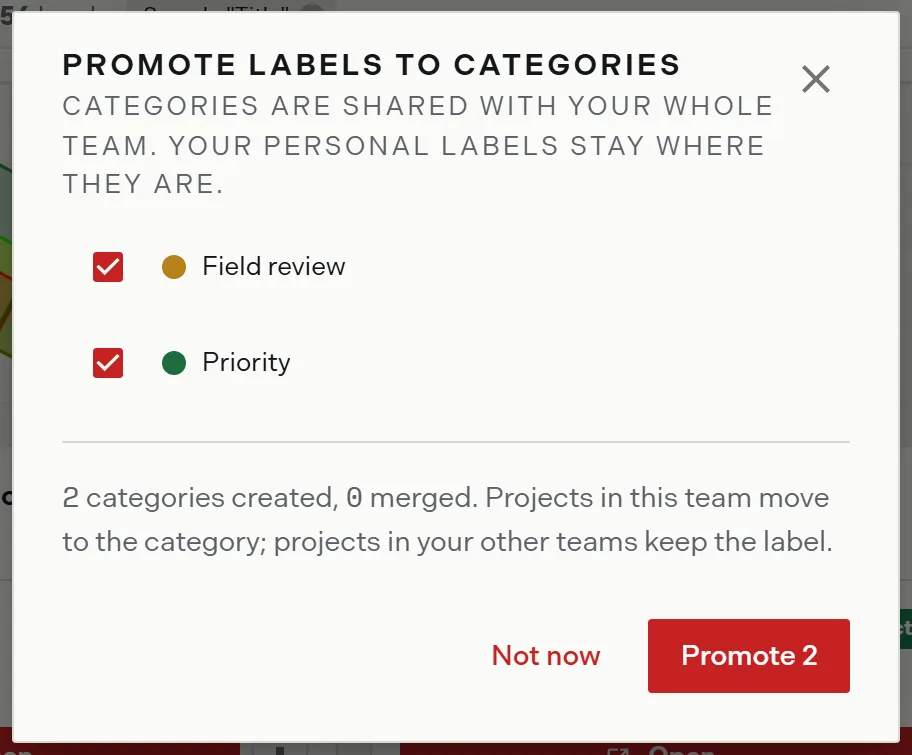 The promote labels to categories dialog with both personal labels preselected and the line predicting how many categories will be created and how many merged