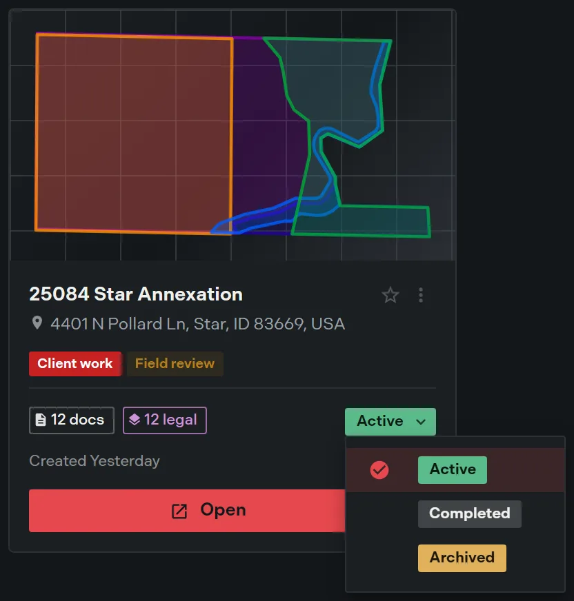The status pill menu open on a project card showing the Active, Completed, and Archived options with a check mark on the current status