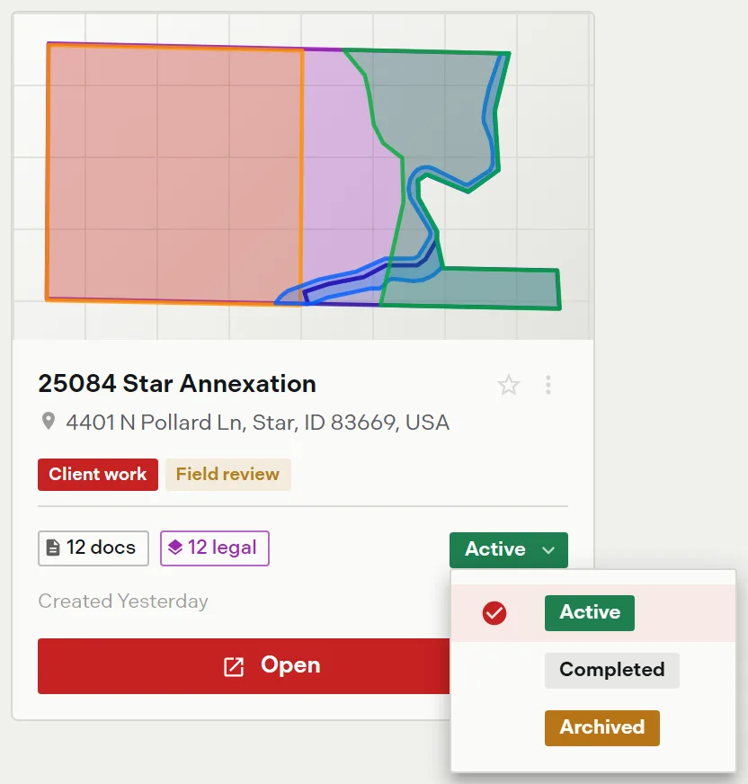 The status pill menu open on a project card showing the Active, Completed, and Archived options with a check mark on the current status