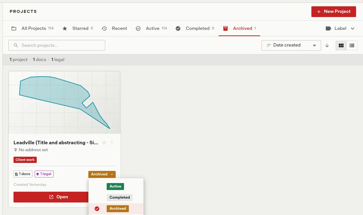 The Archived tab showing archived projects with a status pill menu open to restore one to Active