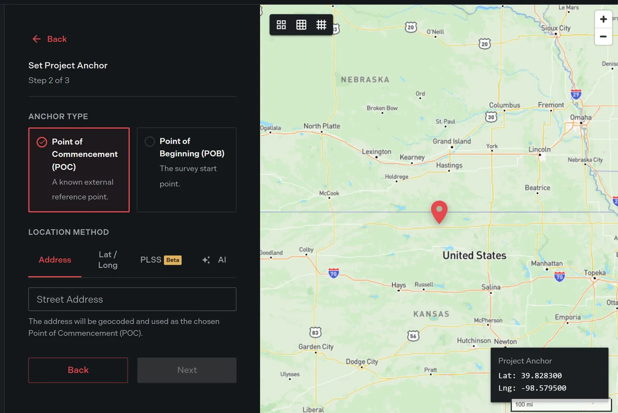 Step 2 of the create project wizard showing the point of commencement and point of beginning anchor type cards, the address, latitude and longitude, PLSS and AI location method tabs, and the anchor map alongside