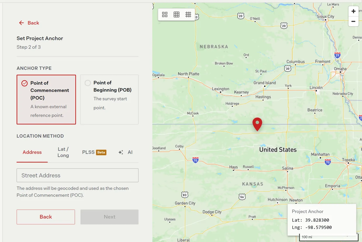 Step 2 of the create project wizard showing the point of commencement and point of beginning anchor type cards, the address, latitude and longitude, PLSS and AI location method tabs, and the anchor map alongside