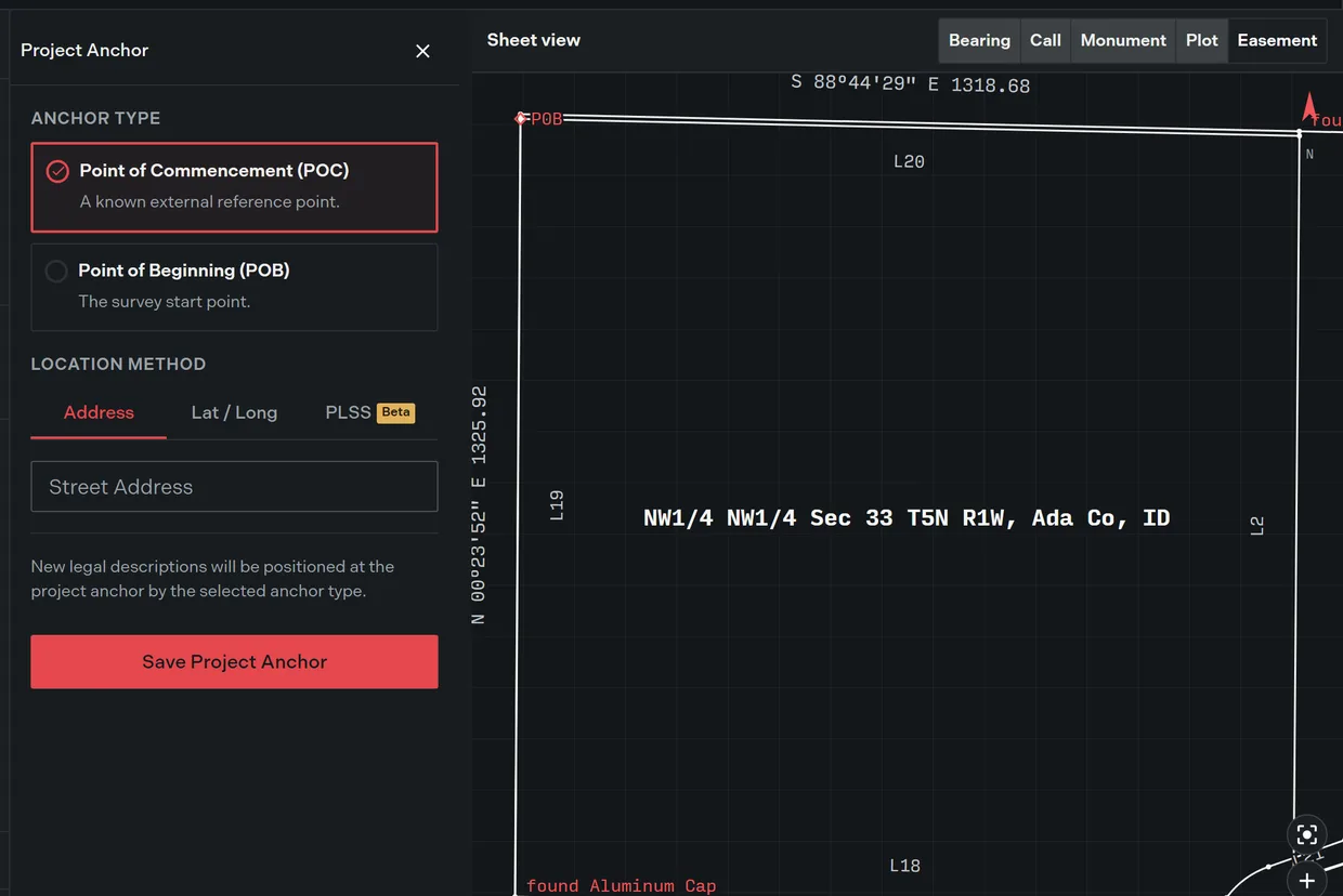 The Project Anchor pane in an open project with the anchor type selected and the address, coordinate, and PLSS tabs for setting the location