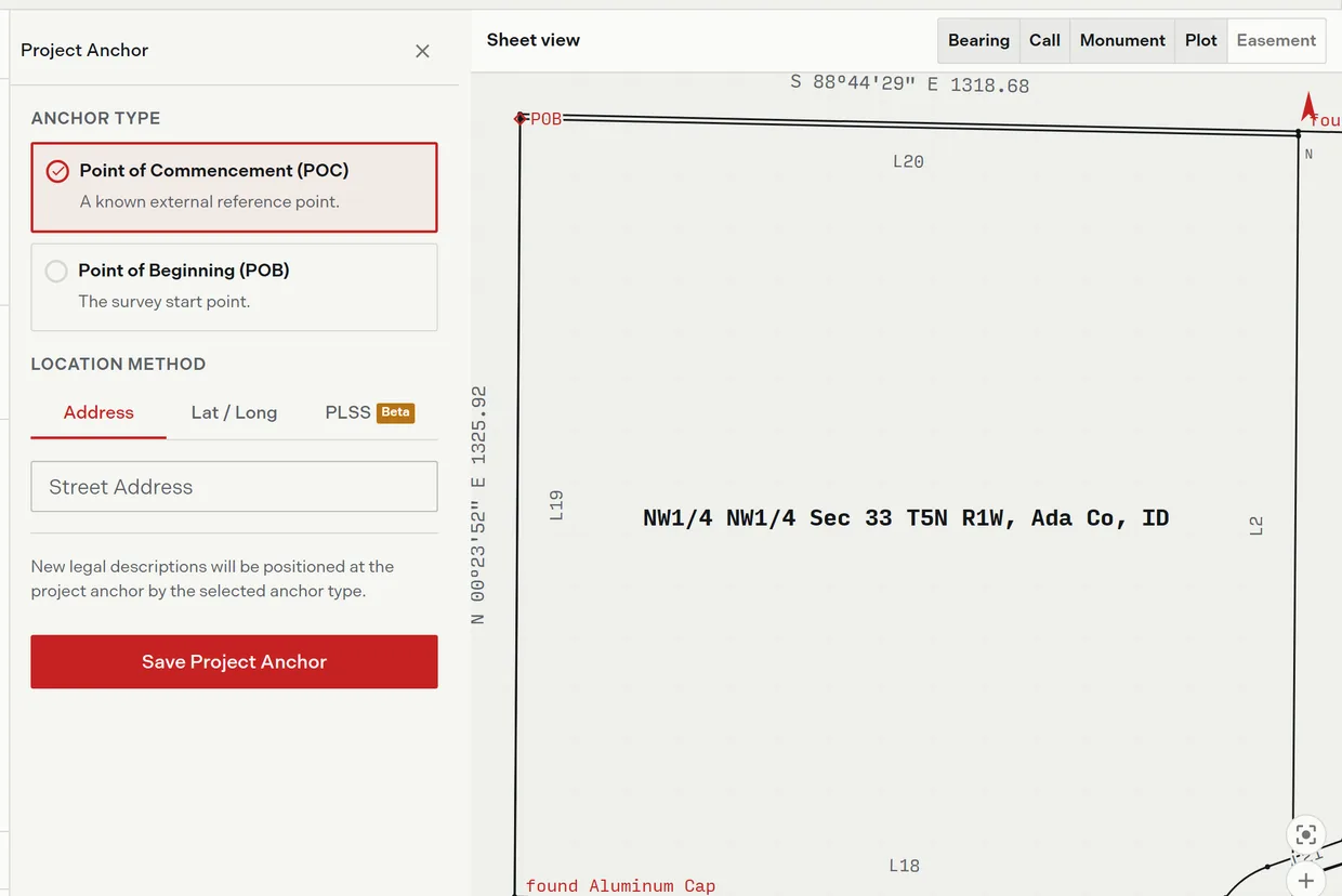 The Project Anchor pane in an open project with the anchor type selected and the address, coordinate, and PLSS tabs for setting the location