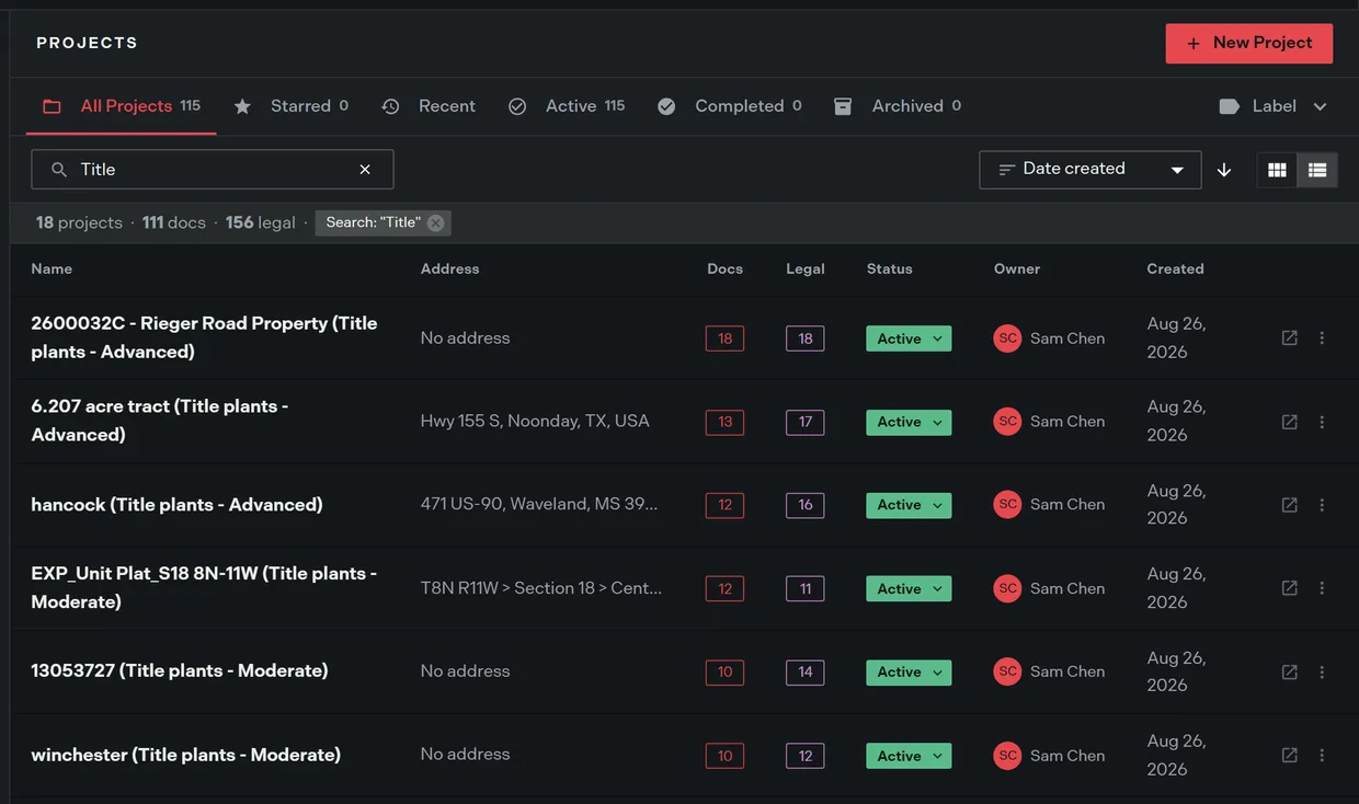 The projects list in list view showing the Name, Address, Docs, Legal, Status, Owner, and Created columns with an actions cell on each row