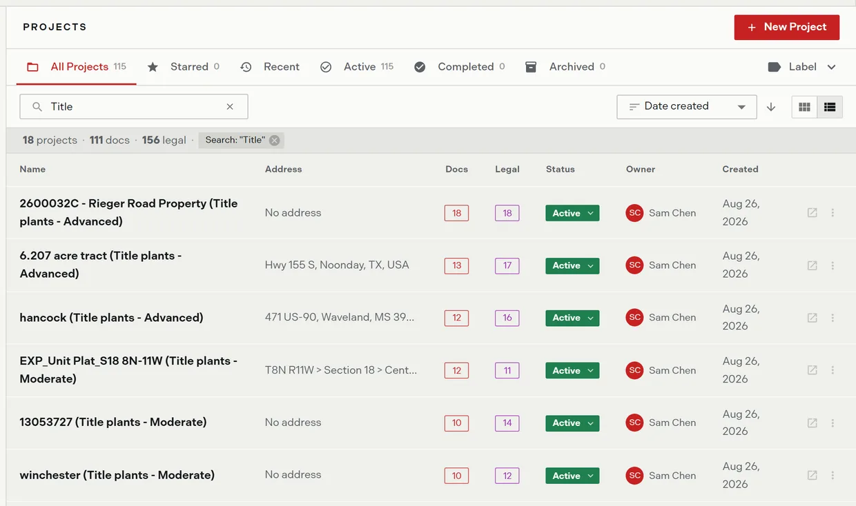The projects list in list view showing the Name, Address, Docs, Legal, Status, Owner, and Created columns with an actions cell on each row