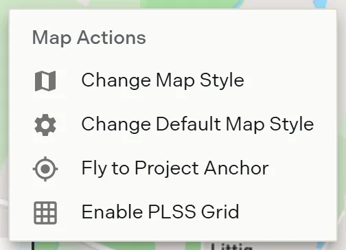 The Map Actions menu open on empty map showing its four items