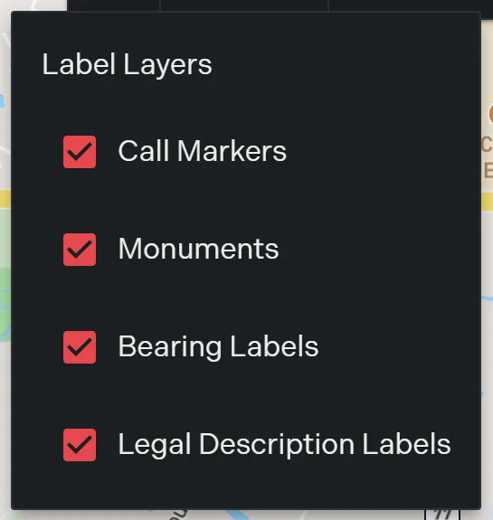 The Filter Layers menu open on the map toolbar showing the four label layers