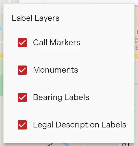 The Filter Layers menu open on the map toolbar showing the four label layers