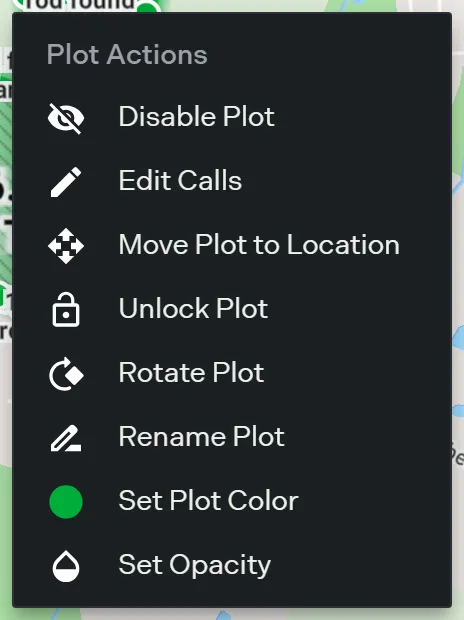 The Plot Actions menu on a locked plot, with the unlock item in place of lock