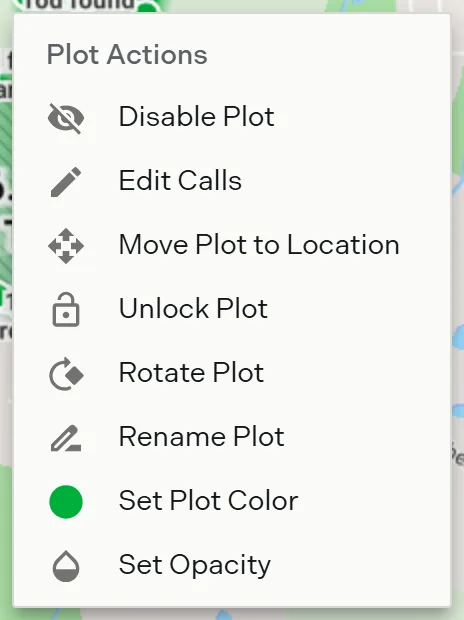 The Plot Actions menu on a locked plot, with the unlock item in place of lock