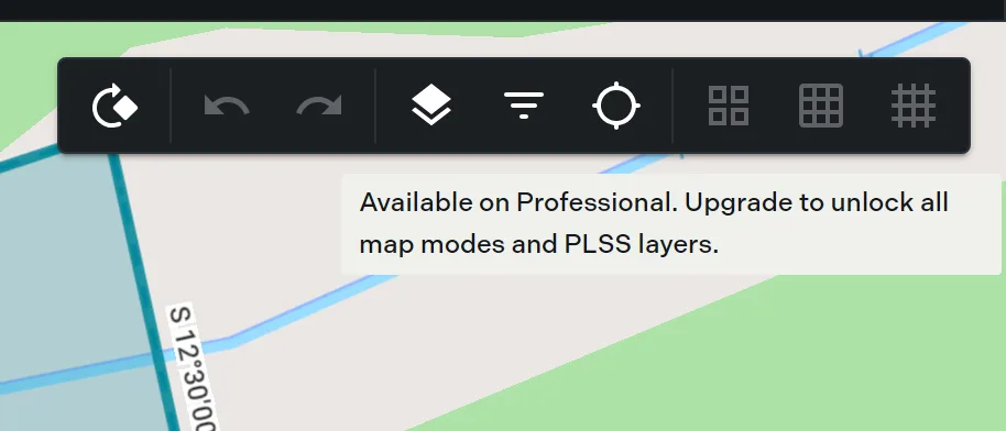The map toolbar on a Free account with the three PLSS buttons frozen and the upgrade tooltip showing