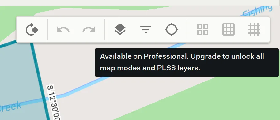 The map toolbar on a Free account with the three PLSS buttons frozen and the upgrade tooltip showing