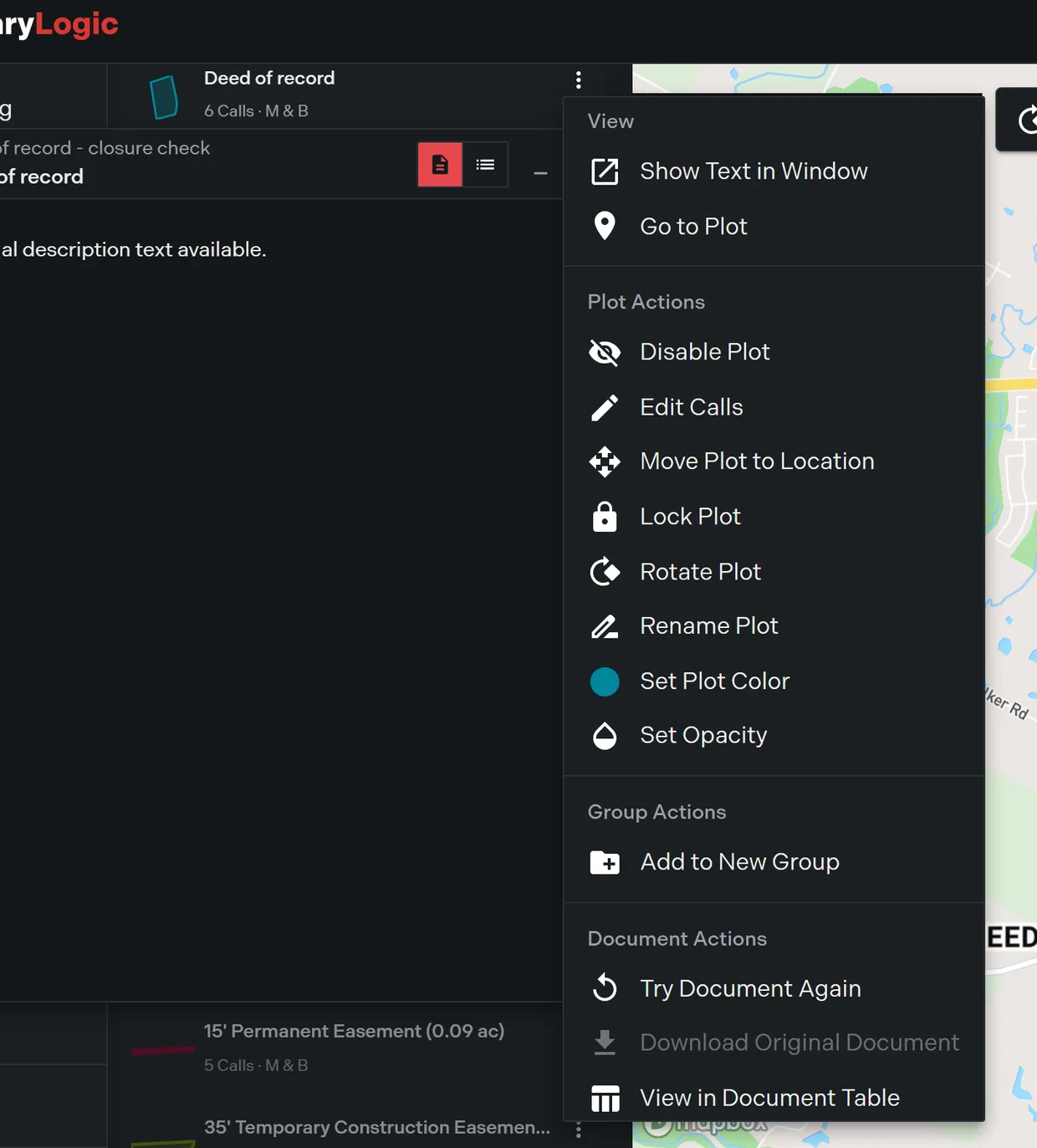 An expanded layer card showing metrics, deed text and the calls list with the actions menu open
