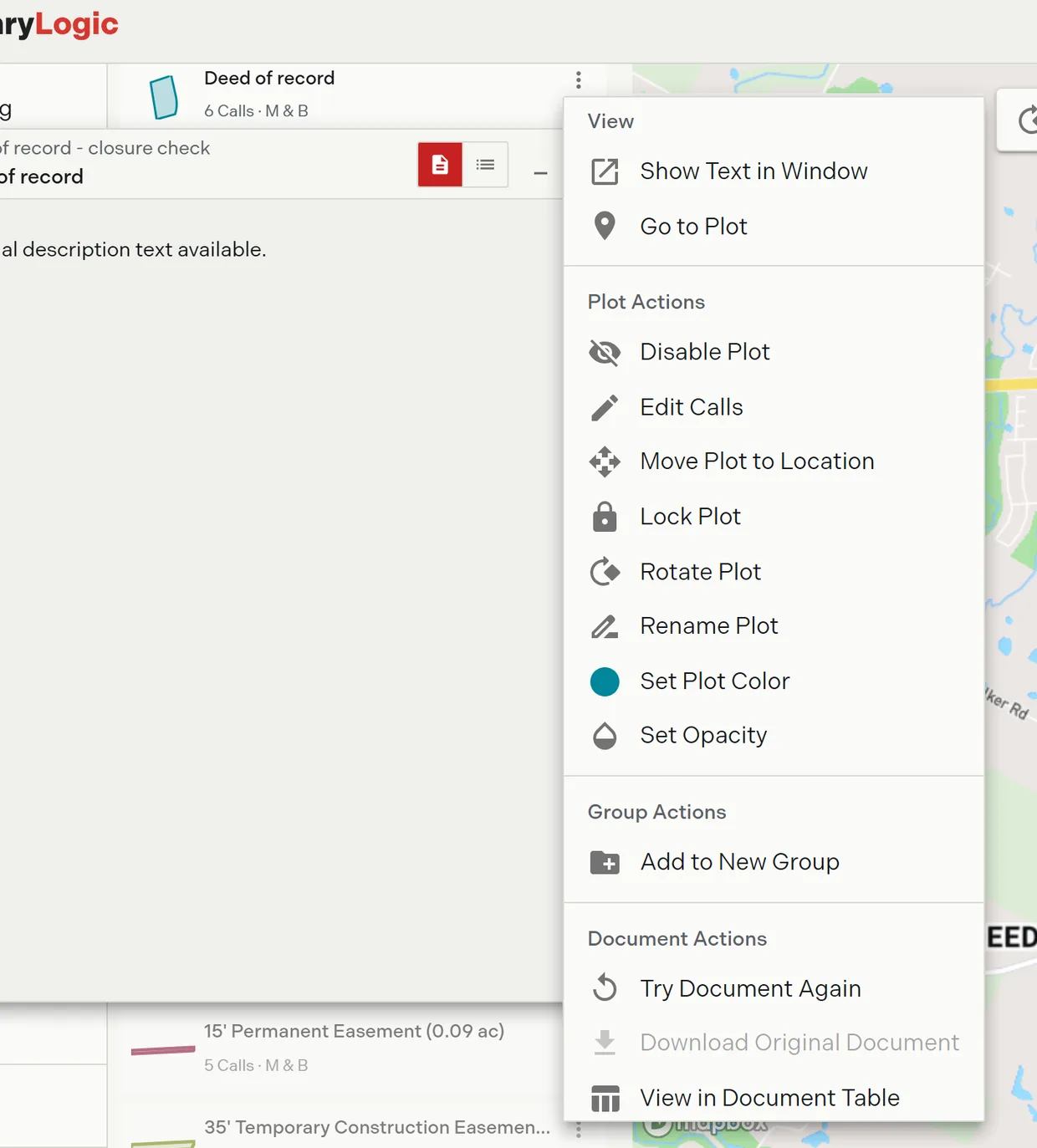 An expanded layer card showing metrics, deed text and the calls list with the actions menu open