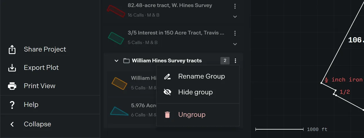 A layer group card in the Manage Layers pane with its member layers and the group actions menu open