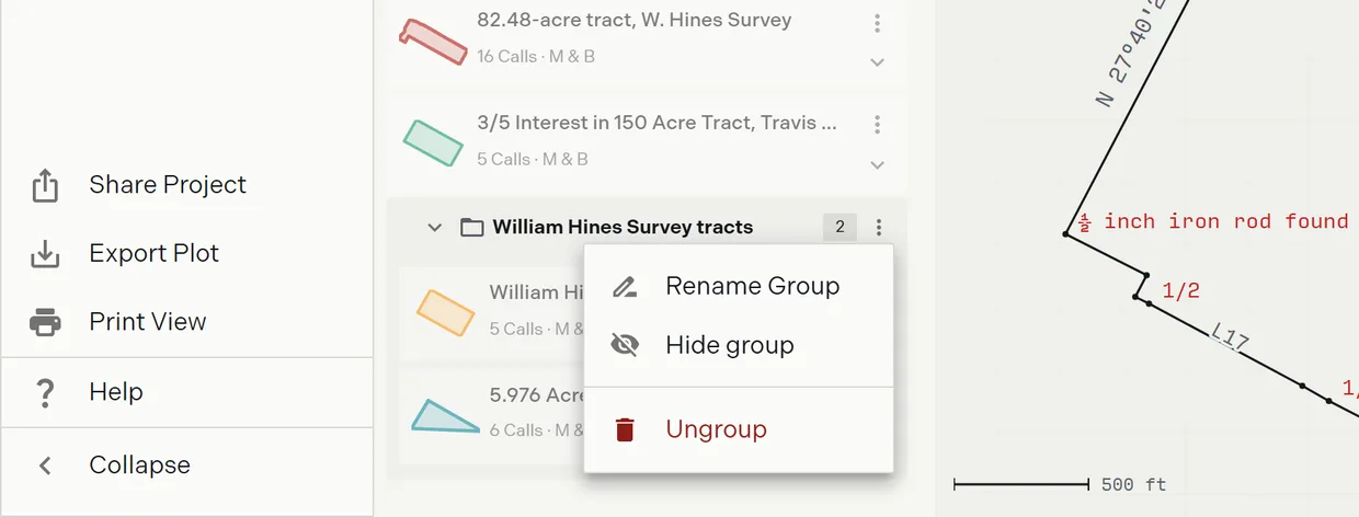 A layer group card in the Manage Layers pane with its member layers and the group actions menu open