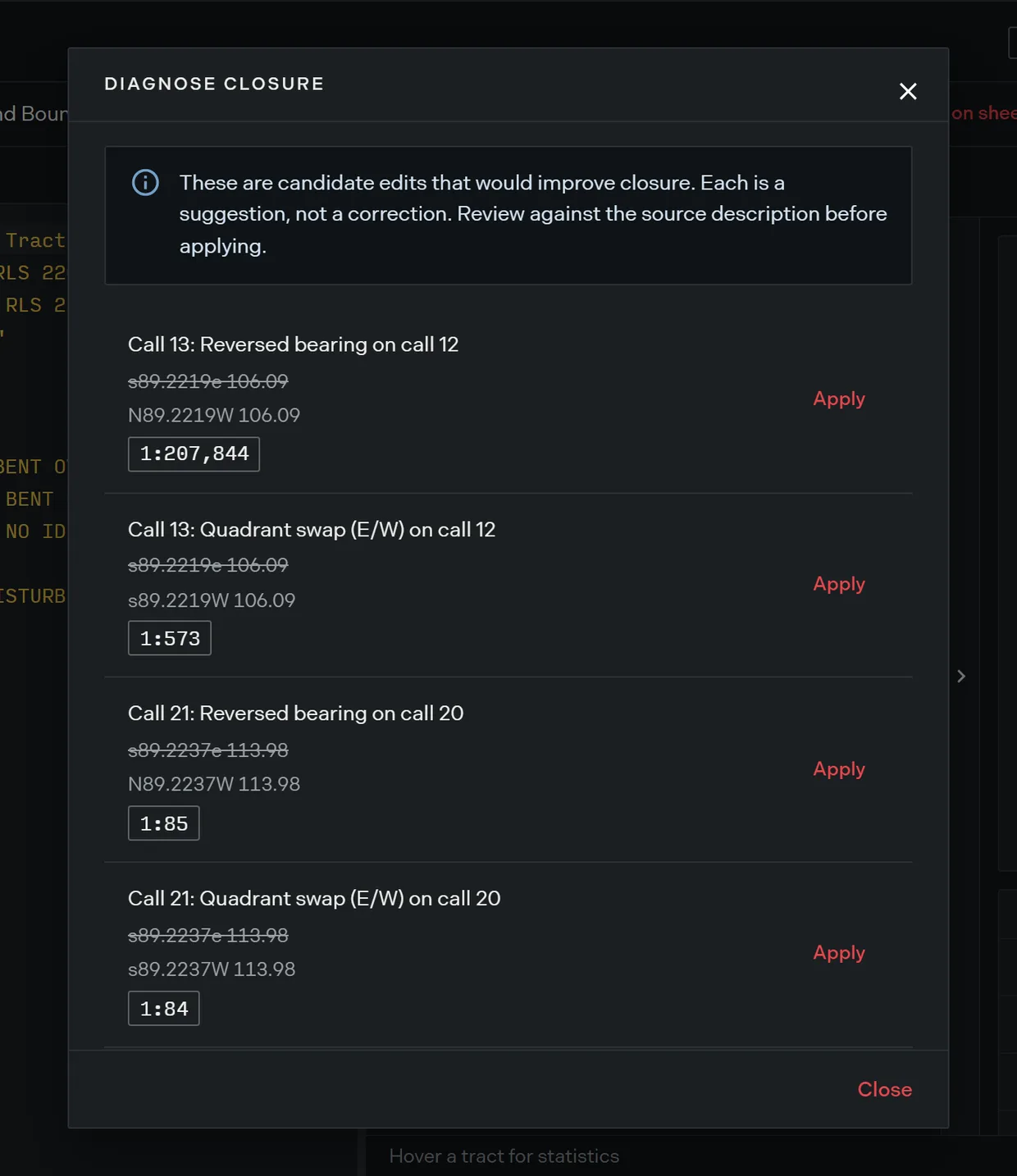 The Diagnose closure dialog listing candidate single call edits, each showing the line as written against the replacement and the precision the edit would reach