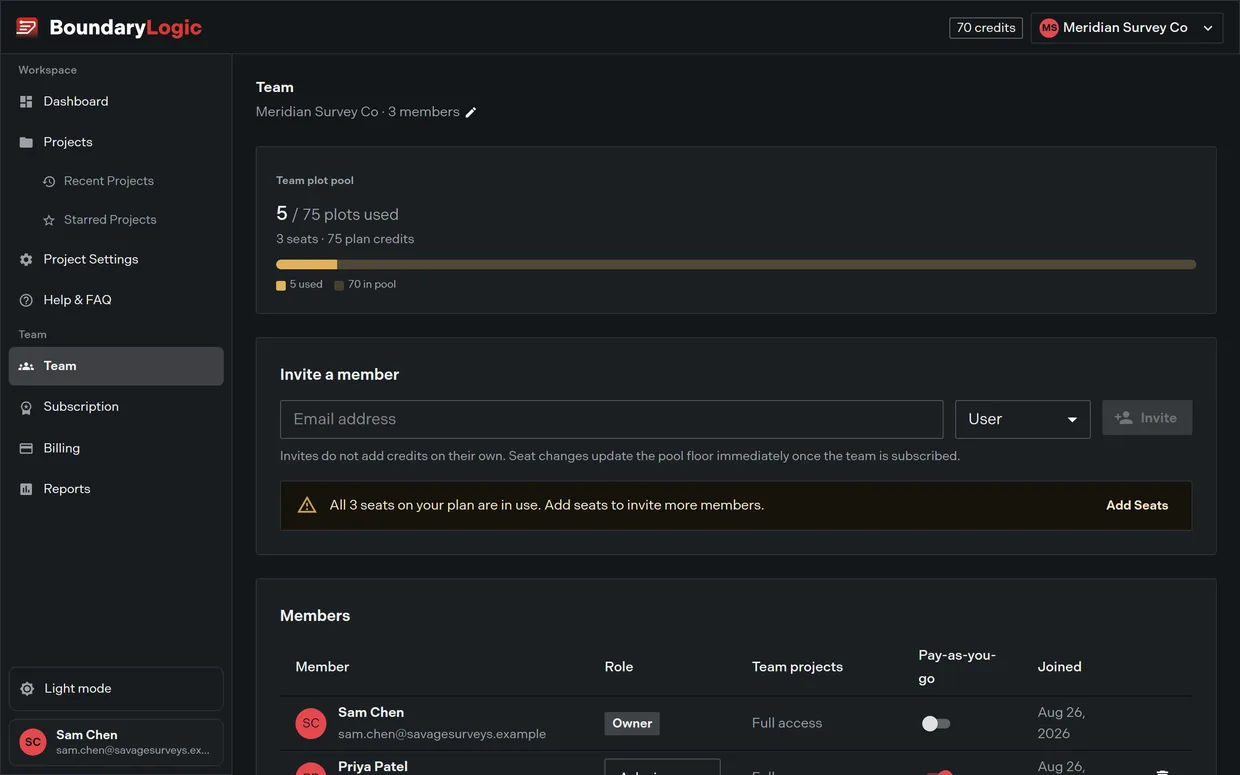 The Team page showing the organization header, the members table, and the team plot pool