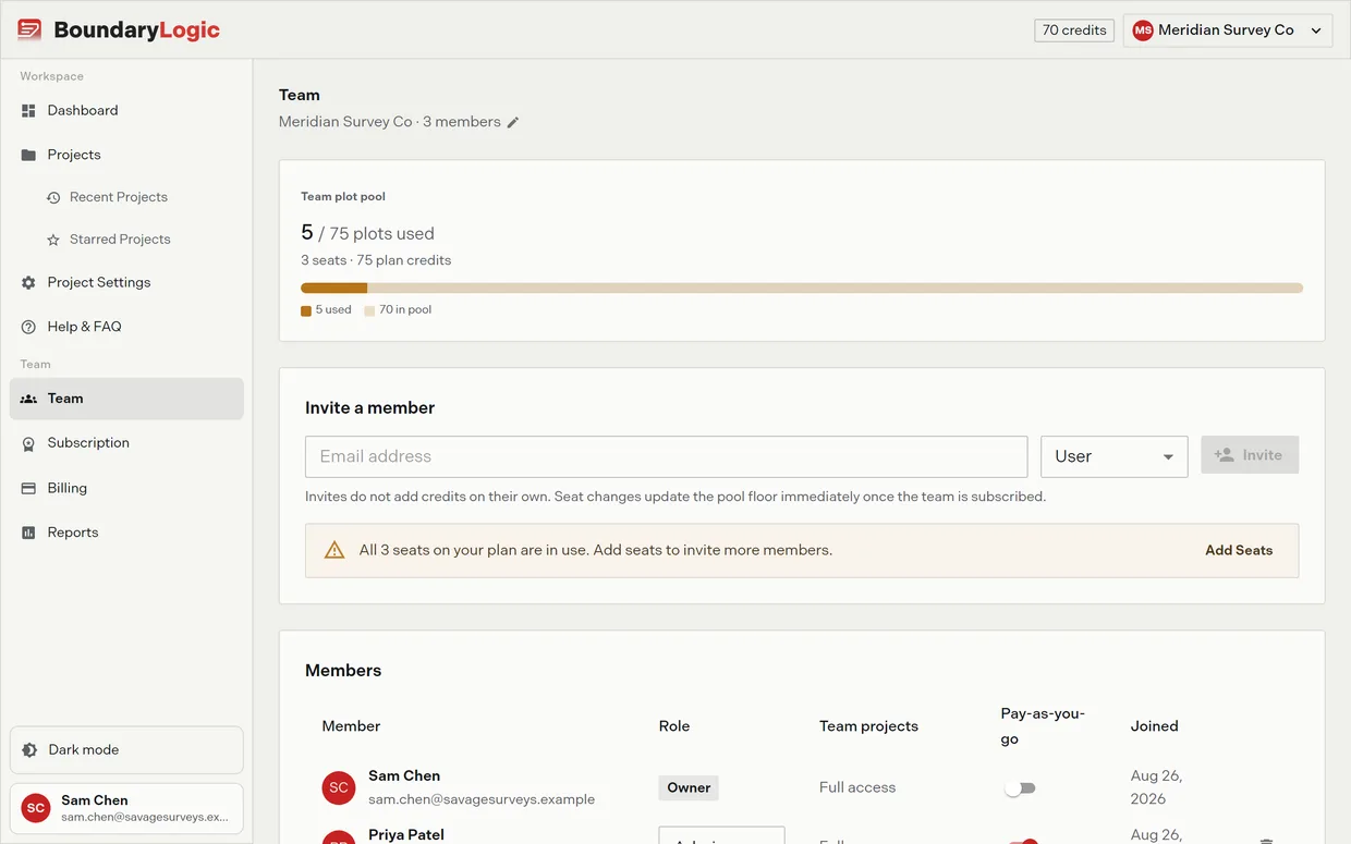 The Team page showing the organization header, the members table, and the team plot pool